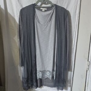 Coldwater Creek Gray Lace Trim Cardigan